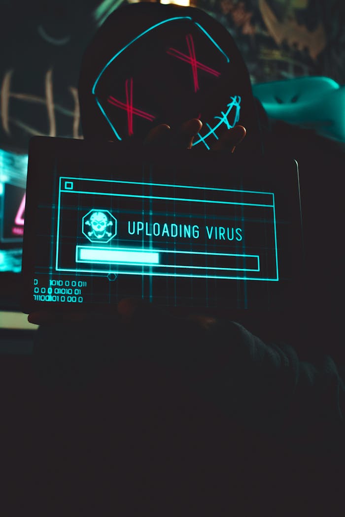 Hacker in a dark room holding a tablet with a virus uploading screen, representing cyber threat.